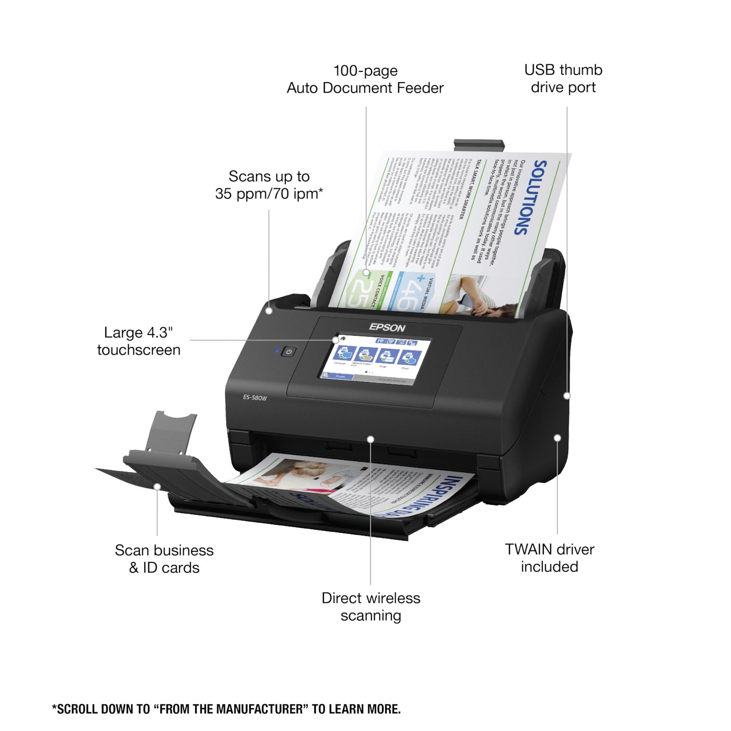 Epson Workforce ES-580W Wireless Color Duplex Tax Receipt & Desktop Document Scanner for PC and Mac with 100-sheet Auto Feeder (ADF), Intuitive 4.3' Touchscreen