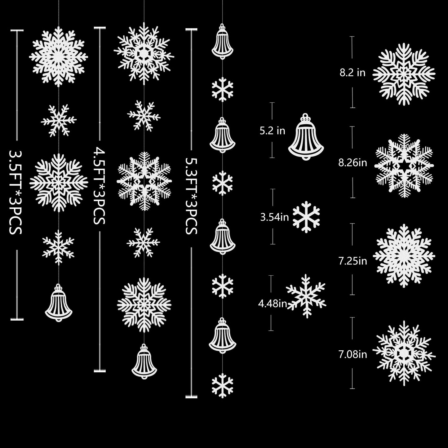 40Ft White Snowflakes Bell Garland Glitter Paper Big Snowflakes Hanging Streamer Backdrop for Winter Wonderland Christmas Holiday Birthday Home Window Wall Room Decor