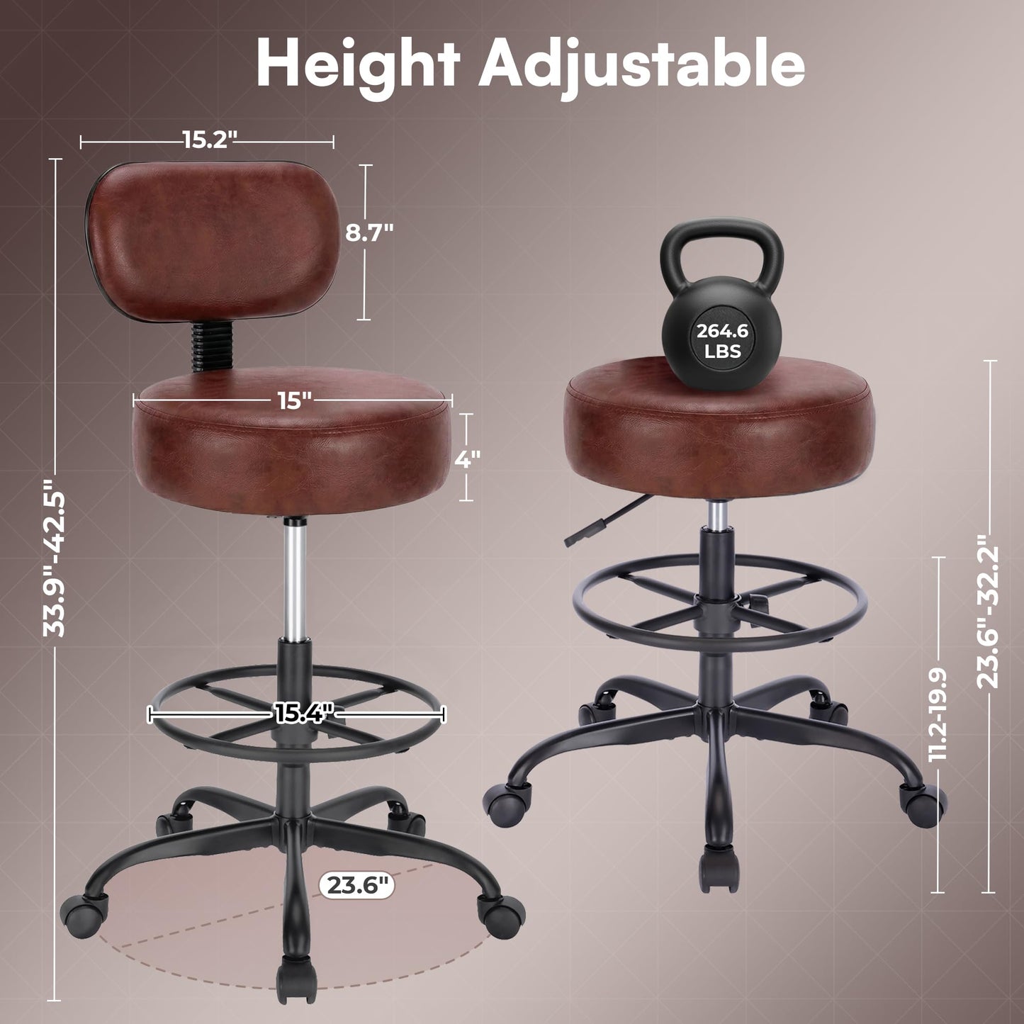 SUPERJARE Drafting Chair with Back, Adjustable Foot Rest Rolling Stool, Multi-Purpose Office Desk Chair, Thick Seat Cushion for Home Bar Kitchen Shop - Rustic Brown