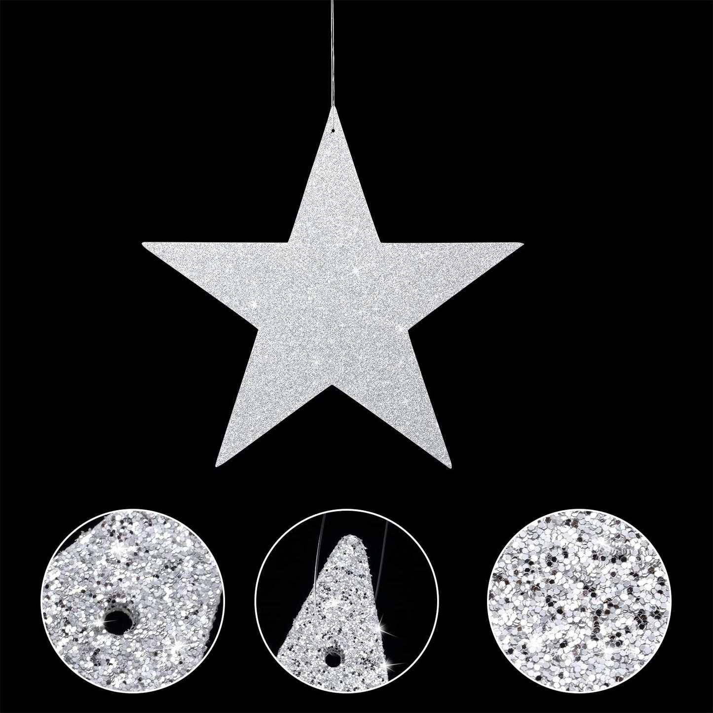 Boao 48 Pieces Silver Stars Shaped Cutouts Silver Cardboard Stars 4 Sizes 6cm/12cm/20cm/30cm Hanging Glitter Garlands with Nylon String for Wedding Birthday Party Graduation Classroom Wall Decor