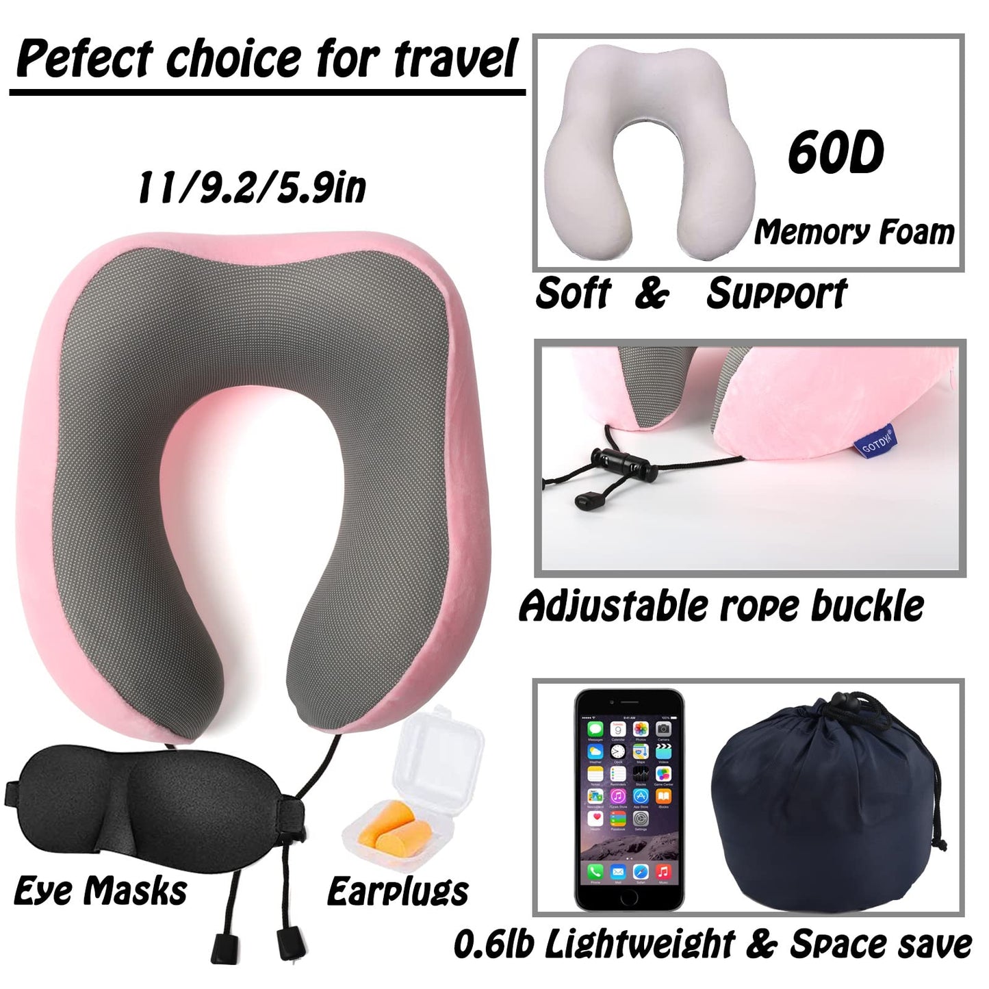 Travel Pillow,Travel Neck Pillows for Sleeping,100% Pure Memory Foam Soft Comfort & Support Pillow for Airplane/Car/Office&Home Rest Use-Pink