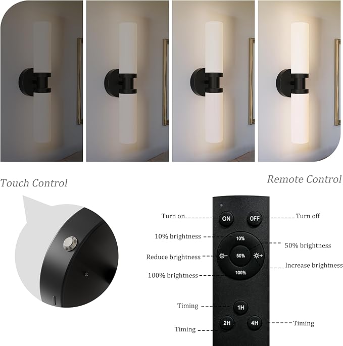 Rechargeable Battery Wall Sconce Set of Two, Cordless, Dimmable, Timer, Remote, Touch Control, 3000K, USB-C Charging for Living Room, Bedroom Black with White Lampshade (Include 4 Special Bulbs)