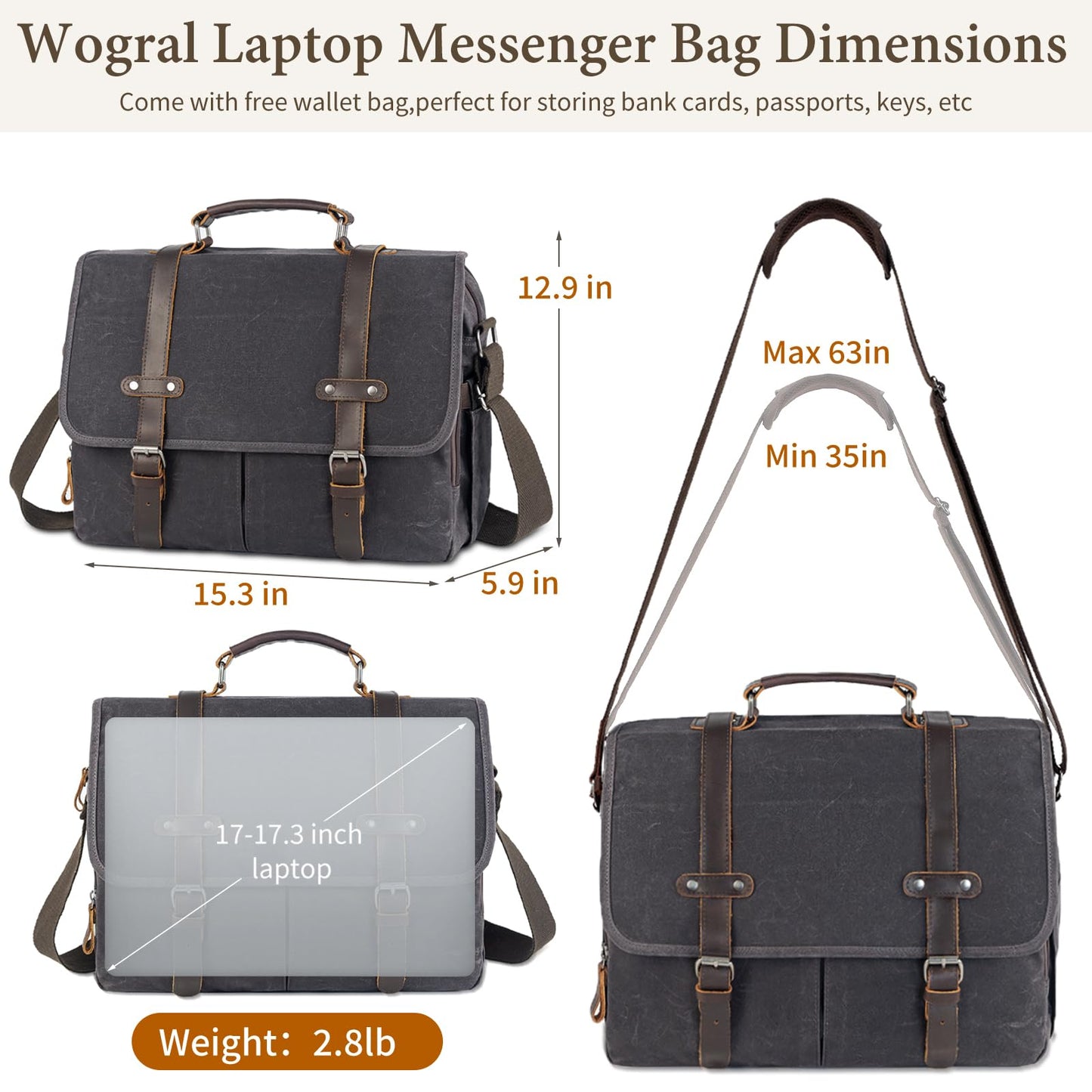 Wogarl 15.6 Inch Messenger Bag for Men Genuine Leather Waxed Canvas Briefcase Large Computer Laptop Bag, Satchel Shoulder Handbags Crossbody Bags for Work (Grey Black)