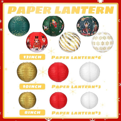 Bencailor 12 Pcs Christmas Hanging Paper Lanterns Set Decorative Christmas Party Lanterns Round Hanging Lamps for Xmas Home Decoration Supplies Props Holiday Decor (Striped,12 Inch,10 Inch, 8 Inch)