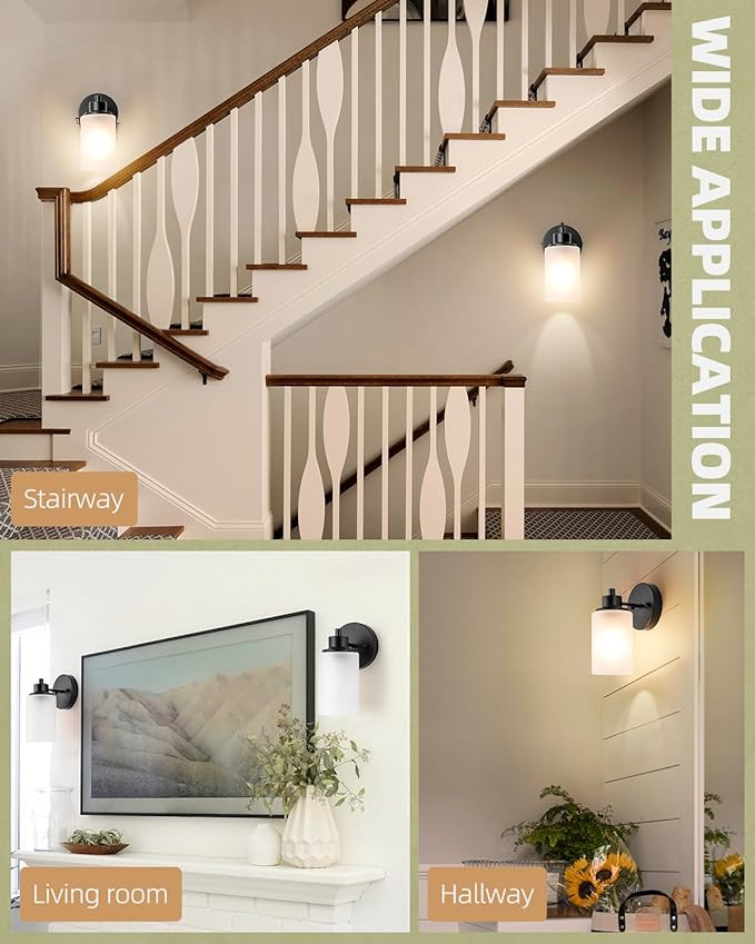 2-Pack Farmhouse Wall Sconces Light Black Bath Vanity Light Fixtures White Frosted Glass Shade Modern Wall Mounted Lighting Vintage