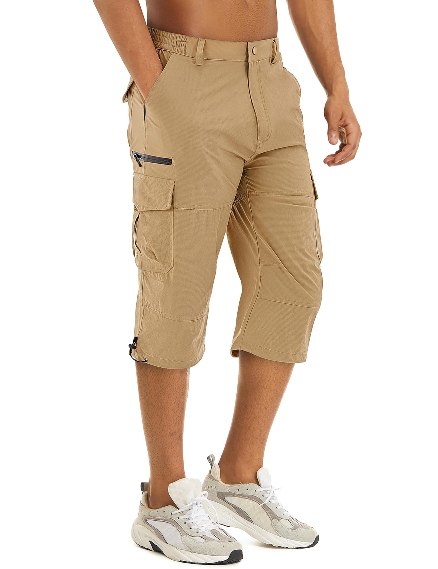 TACVASEN Men's Cargo Shorts Hiking Quick Dry 3/4 Long Shorts Below Knee Work Water Resistant Capri Pants with Drawstring Khaki
