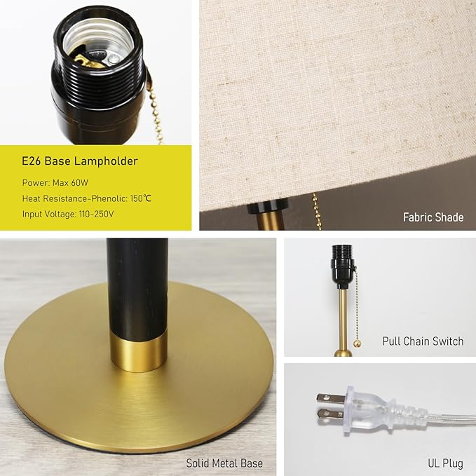21" Bedside Lamps Set of 2 for Bedroom Living Room Modern Table Lamp Nightstand Lamp for End Tables 3-Color Temperatures Pull Chain Wood Fabric for Home/Office/Desk Decor (Light Brown+Brass)