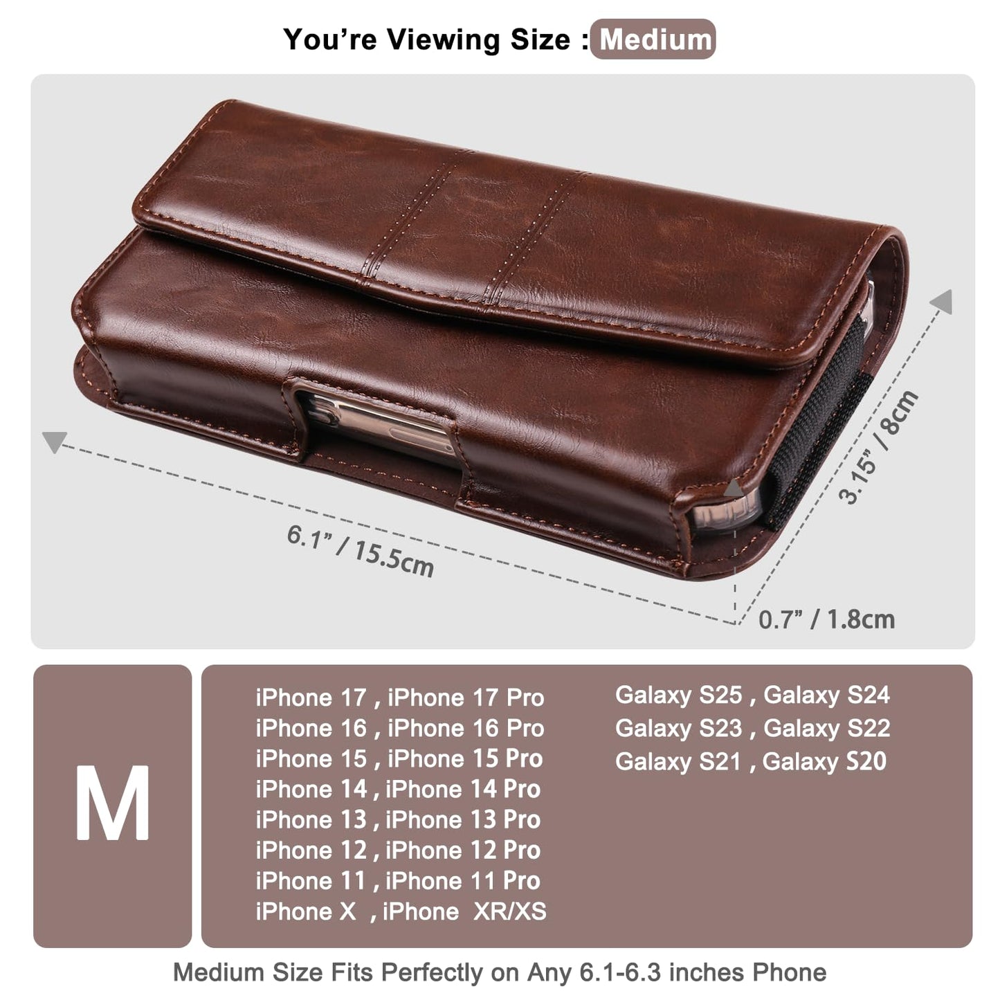 INGIDO Phone Holster Compatible with iPhone 16 15 14 13 12 and Pro, Galaxy S25 S24 S23 S22 S21 S20, Leather Phone Pouch with Metal Belt Clip, M-Coffee