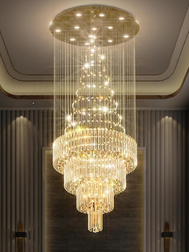 Flashing God D32''XH79'' Modern Foyer Chandelier for High Ceiling Raindrop Crystal Chandelier High Ceiling Pendant Light Fixture for Hallway Living Room Gold Stairwell Chandeliers