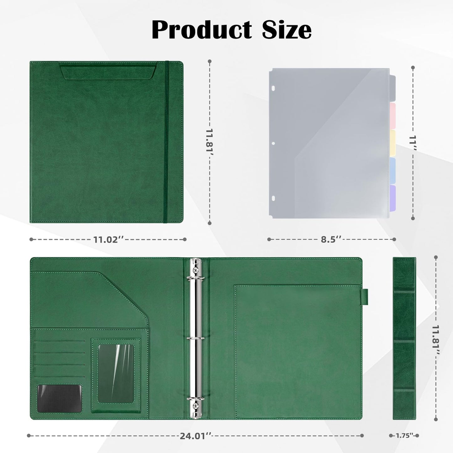 Ospelelf Green Leather 3 Ring Binder 1 Inch Round Ring, Magnetic Clipboard Folio with Storage Zipper Pouch, 5 Dividers with 10 Pockets, Professional Binder for School Office Nursing