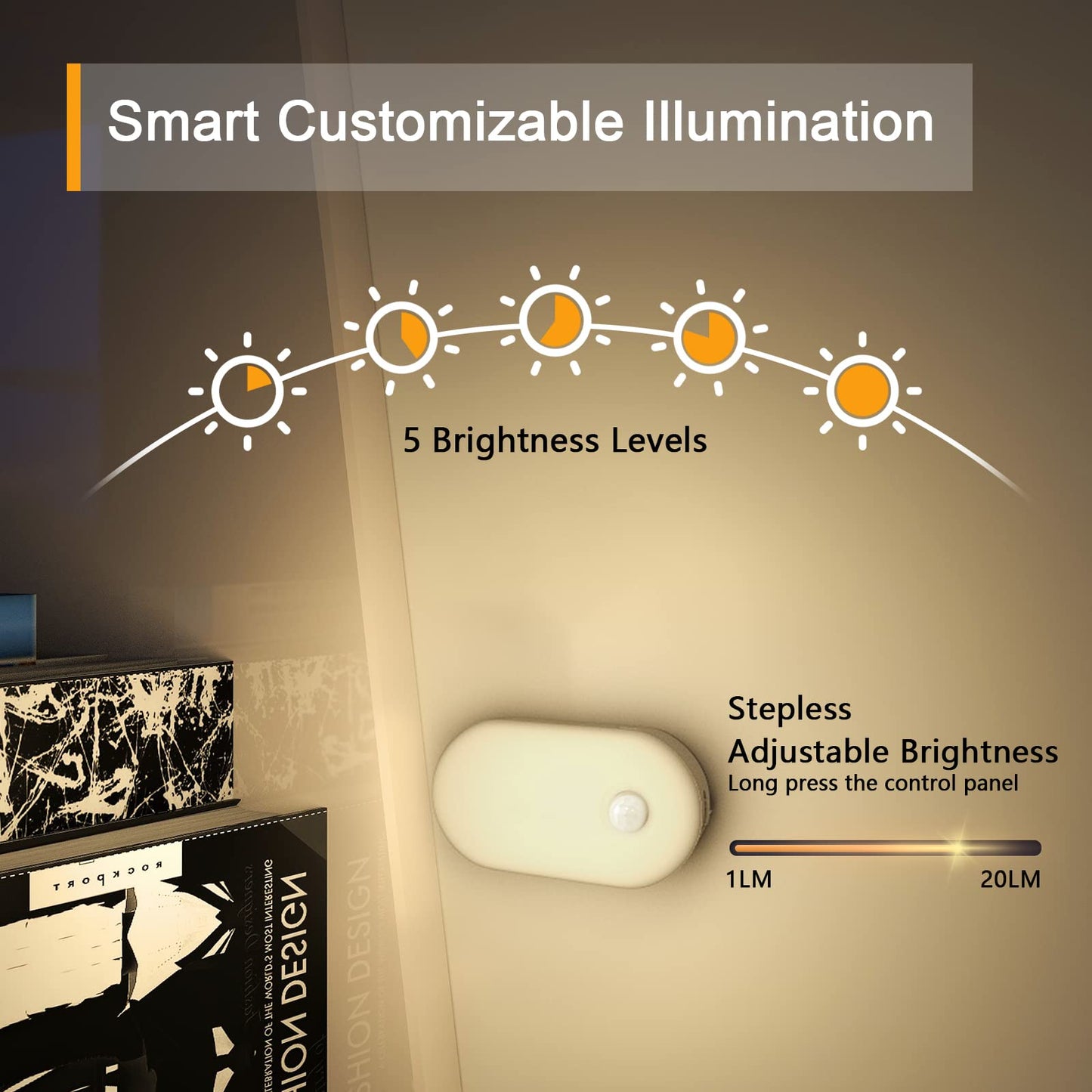 Lyridz Dimmable Night Light with Motion Sensor, Warm White LED Night Light, Battery, Rechargeable, USB-C, Self-Adhesive Cabinet Lighting, Orientation Light for Children's Room, Bedroom, Kitchen,