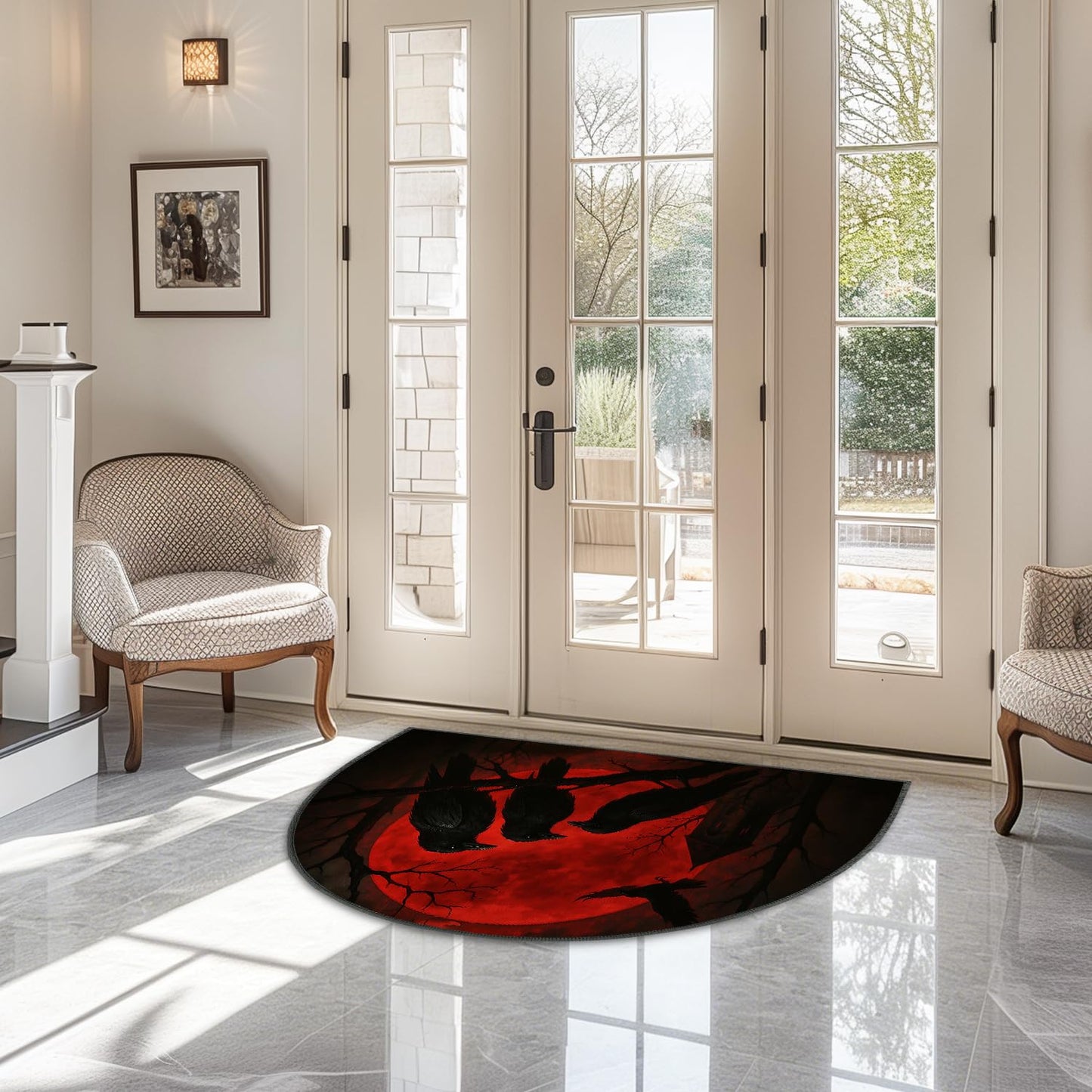 ANNA QUEEN Halloween Semicircular Entrance Door Mat 24" x 36", Gothic Raven Moon Indoor Outdoor Doormat, Non Slip Half Round Welcome Rug Low Profile for Front Door Entryway Porch Patio