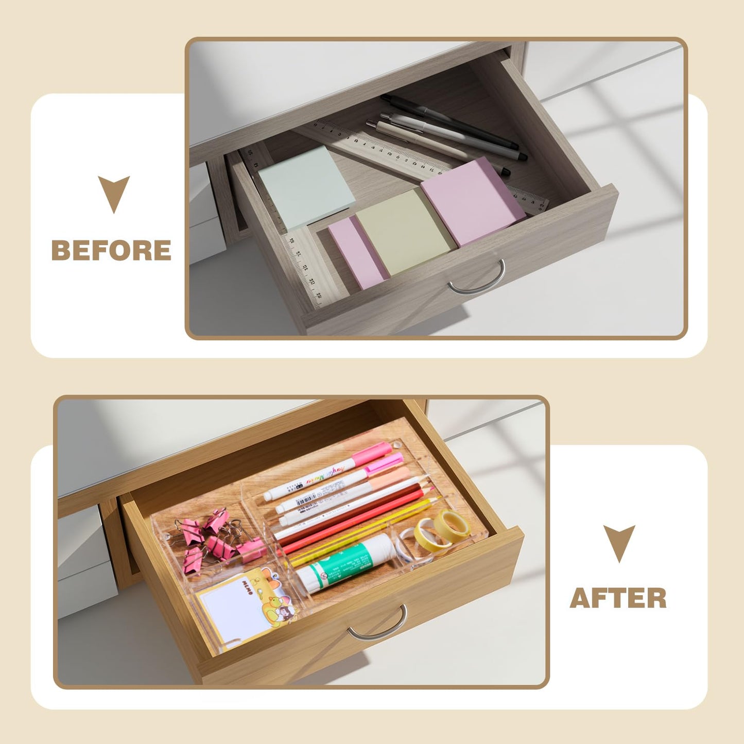 Briwooody Clear Acrylic Desk Drawer Organizer 11 x 6.1 x 1.38 Inch Storage Tray Organizer for Pens, Stationery, Desktop, Office, Bathroom, Kitchen, Makeup Supplies (6 Compartments)