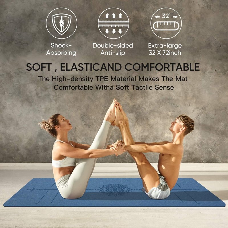 Yoga Mat Non Slip TPE Thick Yoga Mat with Alignment Mark, Large Size 72"L x 32"W x 0.32"Th or 0.24"Th, Anti-Tear Exercise & Fitness Mat for Yoga, Pilates & Floor Workouts (Blue Black, Thickness-6mm)