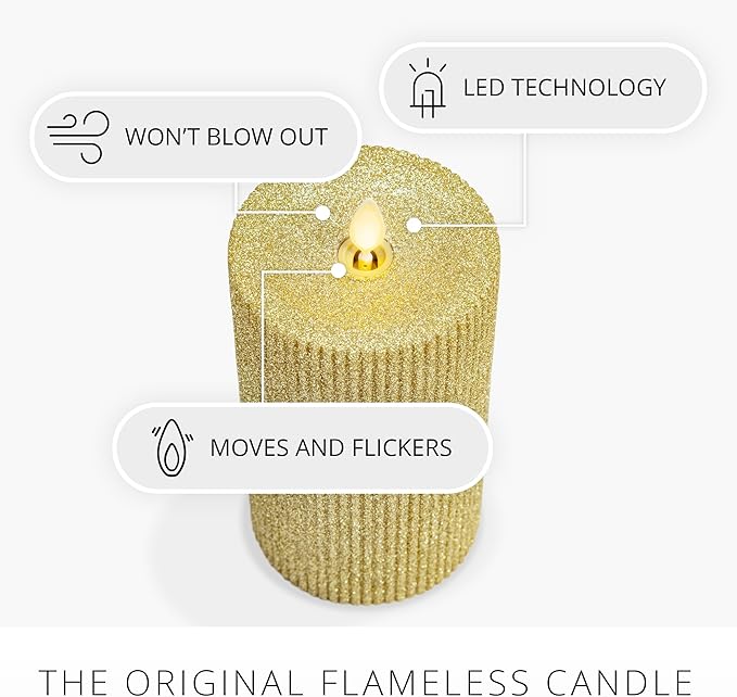 Luminara Rich Gold Glitter Ribbed Flameless LED Candle Moving Flame Pillar, Real Wax, Flat Top, Timer (3.25" x 6.5")