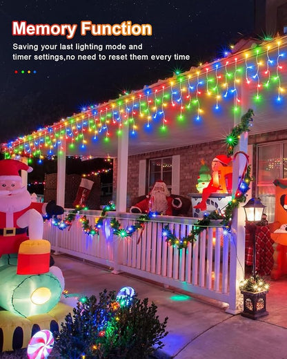 Christmas Lights Outdoor, 53 FT 486 LED Christmas Lights for Outside, Timer & Memory, Plug in 8 Modes Hanging Fairy Lights with 108 Drops for House Eaves Yard Patio Holidays Decorations, Multicolor
