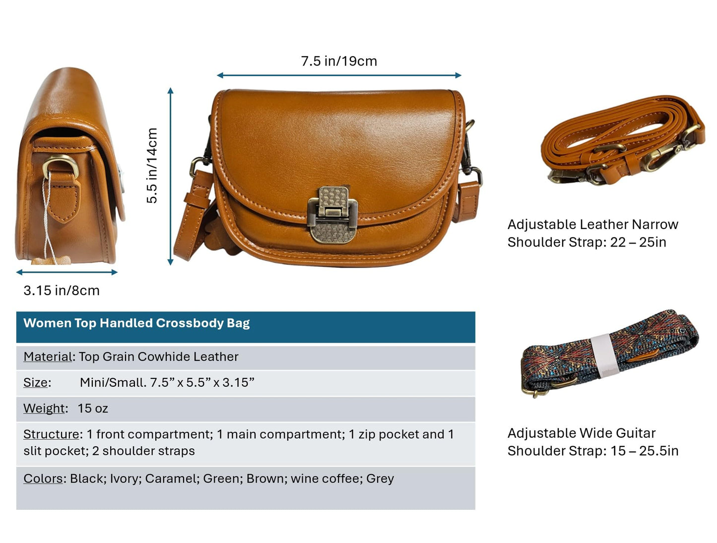 Women Genuine Cow Leather Mini Small Crossbody Shoulder Bag with 2 Detachable Adjustable Straps. Wine Coffee.
