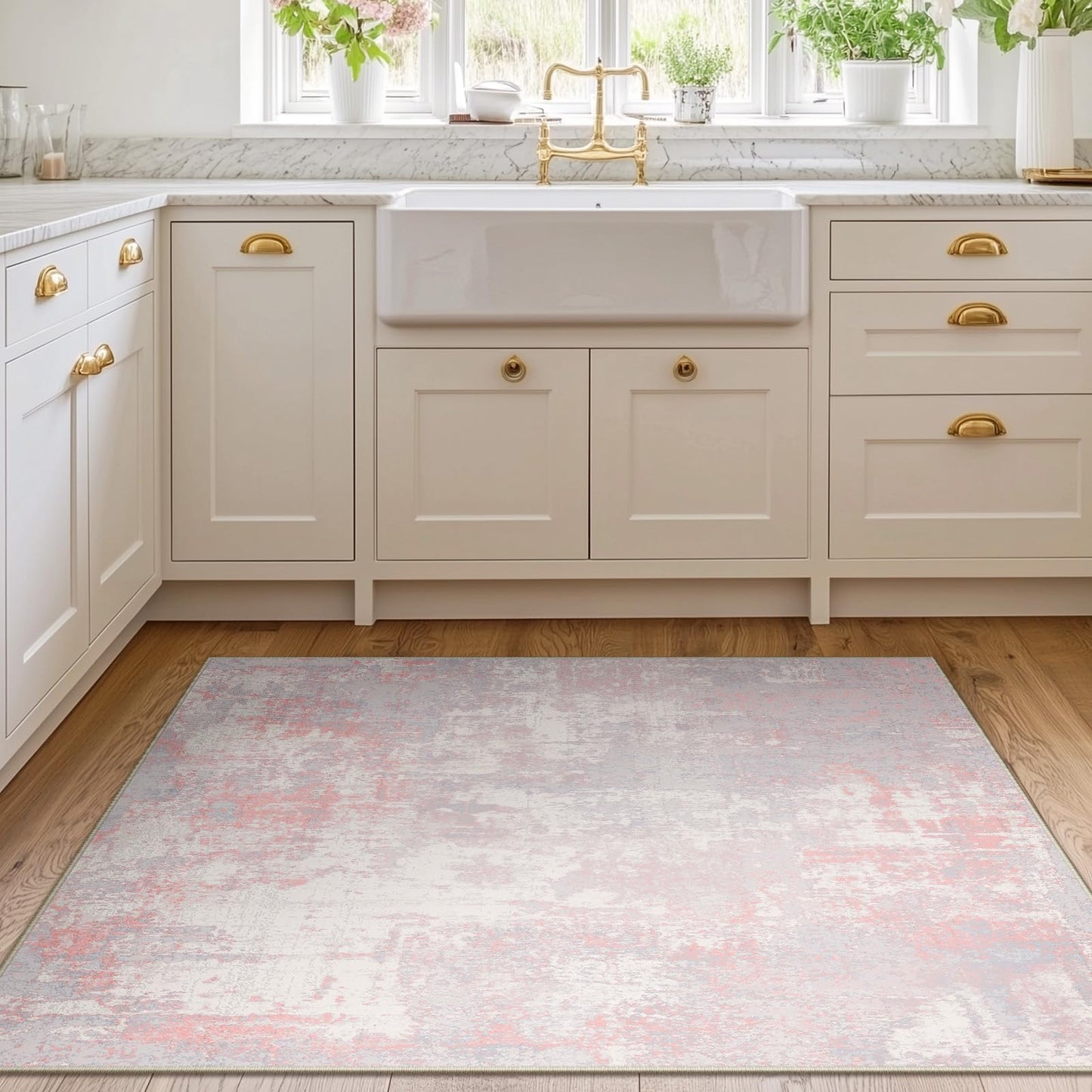 RELEANY Washable Area Rugs 4'x6' Non-Slip Modern Abstract Soft for Living Room Entryway Bedroom Kitchen, Print Pattern, Grey Pink