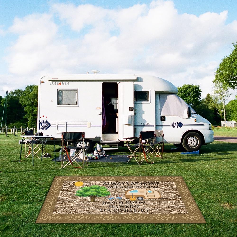 CafeTime Custom Camping Rug Always at Home Wherever We Roam RV Trailer Campsite Decor Floor Mat for Outdoors, Patio, Backyard, Picnic, Beach, Camping, 66 x 99 Inch