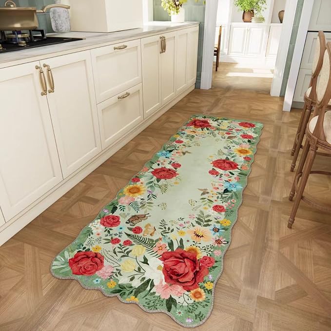 Kitchen Rug Runners for Hallways: 2x6 Washable Runner Rugs for Kitchen Ultra Thin Stain Resistant Non Slip Low Pile Lightweight Floral Carpet for Laundry Room, Bedside Decor (Light Green)