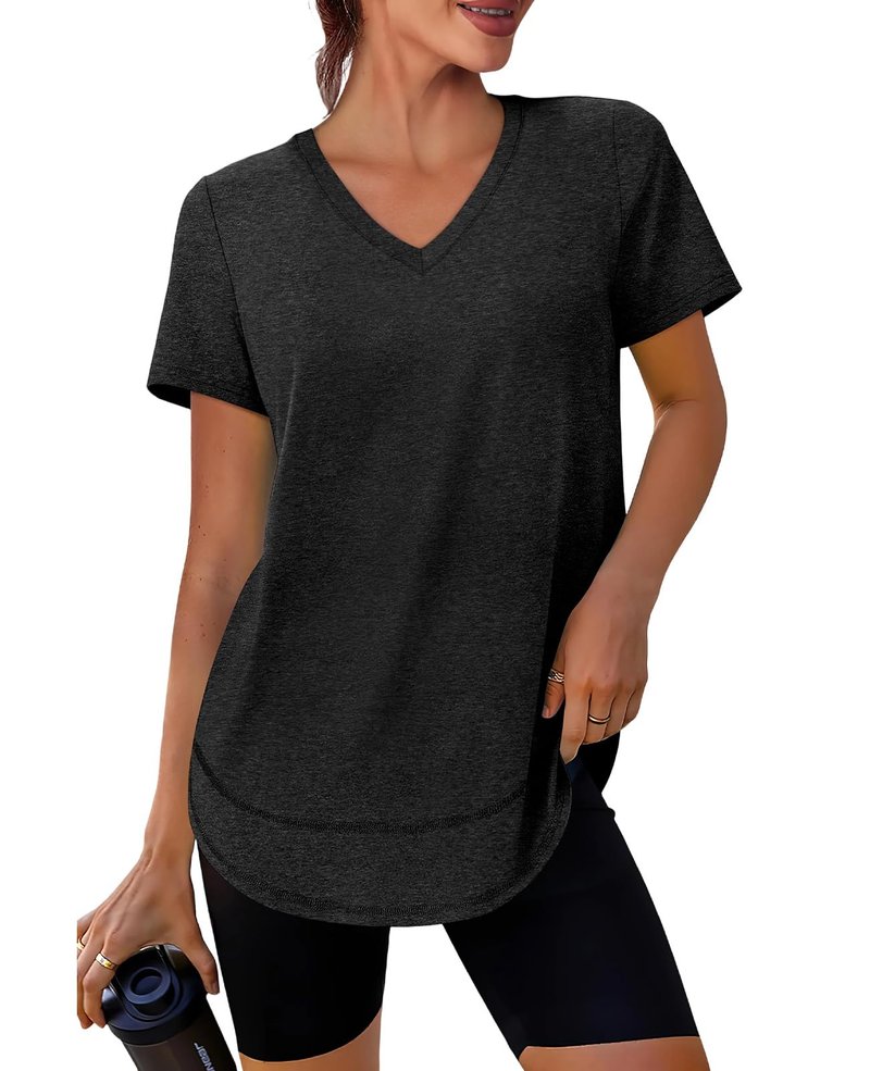 Short Sleeve Shirts for Women Workout Pilates Outfits Tennis Summer Tops 2026 Beach Vacation Clothes V Neck Black M