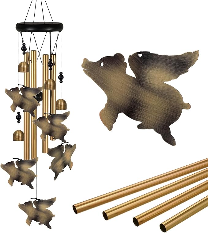 Bronze Flying Pigs Wind Chimes Decor, Portable Mobile Wind Catcher, Sympathy Wind Bells, Memorial Gifts for Mom, Housewarming, Blessing Windchime(Outside/Indoor/Home/Room/Porch/Yard/Garden Decorate)