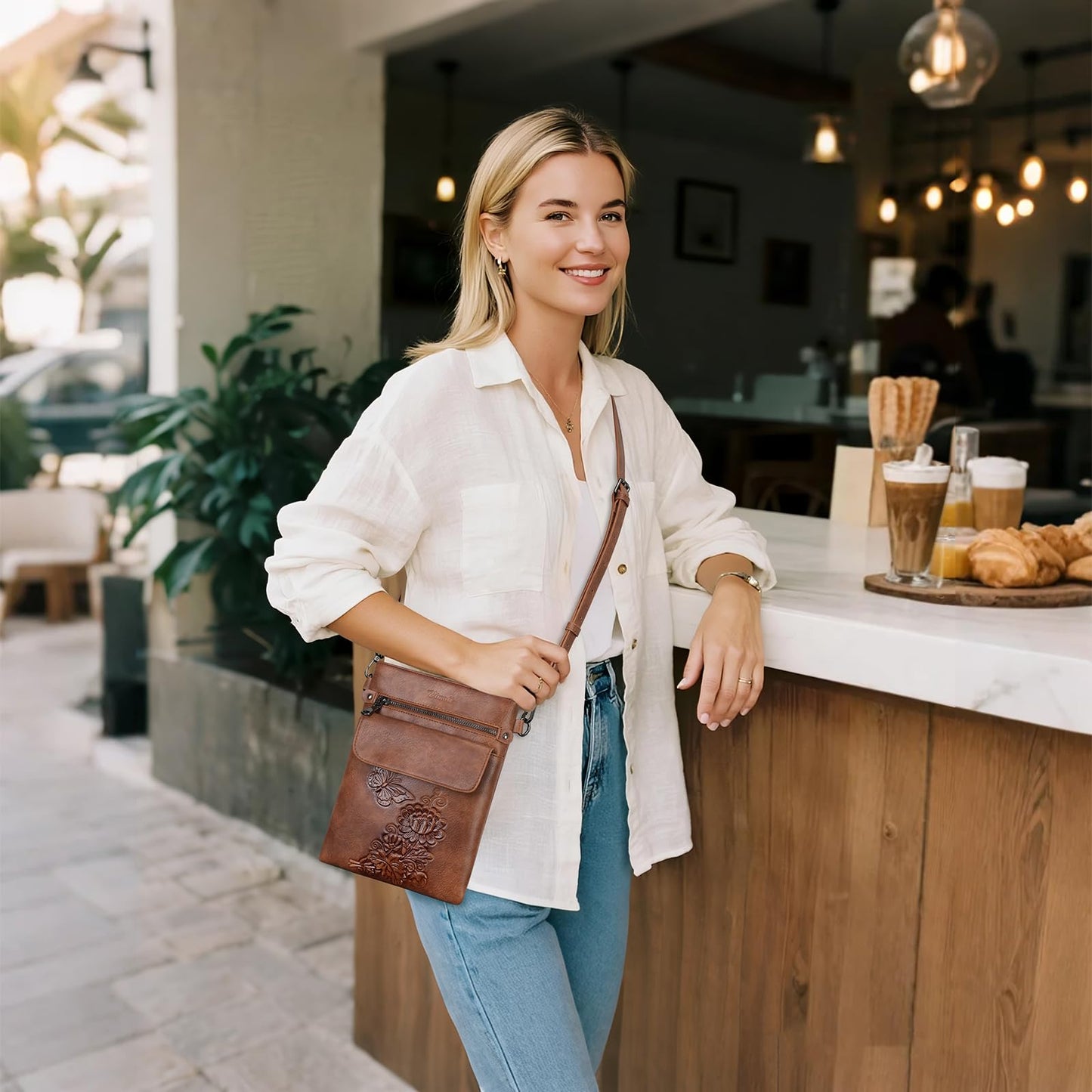 VIMUTI Small Crossbody Purse for Women, Soft Vegan Leather Multi Pocket Zipper Bag with Adjustable Strap Embossed Lightweight Travel Shoulder Bag (Brown)