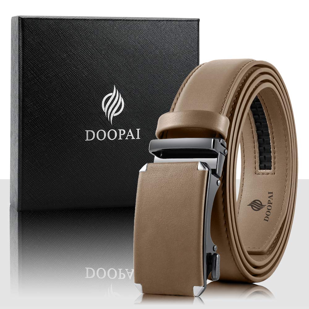 DOOPAI Men's Leather Ratchet Belt, Adjustable Belt in khaki with Sliding Length 28-36", Metal Buckle Cut to fit in the Gift BoX