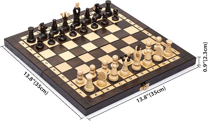 Husaria European International Chess Wooden Game Set King's Continental - 13.8 Inches Medium Size Chess Set with Handcrafted Chessmen and Felted Folding Board
