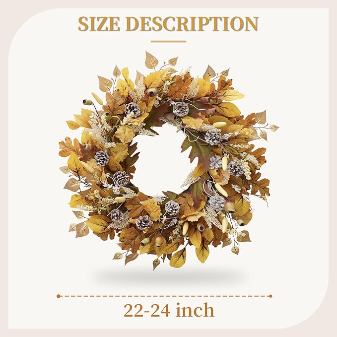 Fall Wreath for Front Door, 24 Inch Autumn Wreath with Pine Cones, Grain Ears, Oak Leaves and Maple Leaves Fall Decorations for Home, Artificial Flowers Harvest and Thanksgiving Indoor & Outdoor
