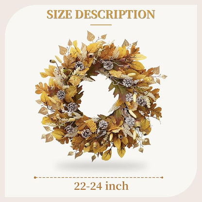 Fall Wreath for Front Door, 24 Inch Autumn Wreath with Pine Cones, Grain Ears, Oak Leaves and Maple Leaves Fall Decorations for Home, Artificial Flowers Harvest and Thanksgiving Indoor & Outdoor