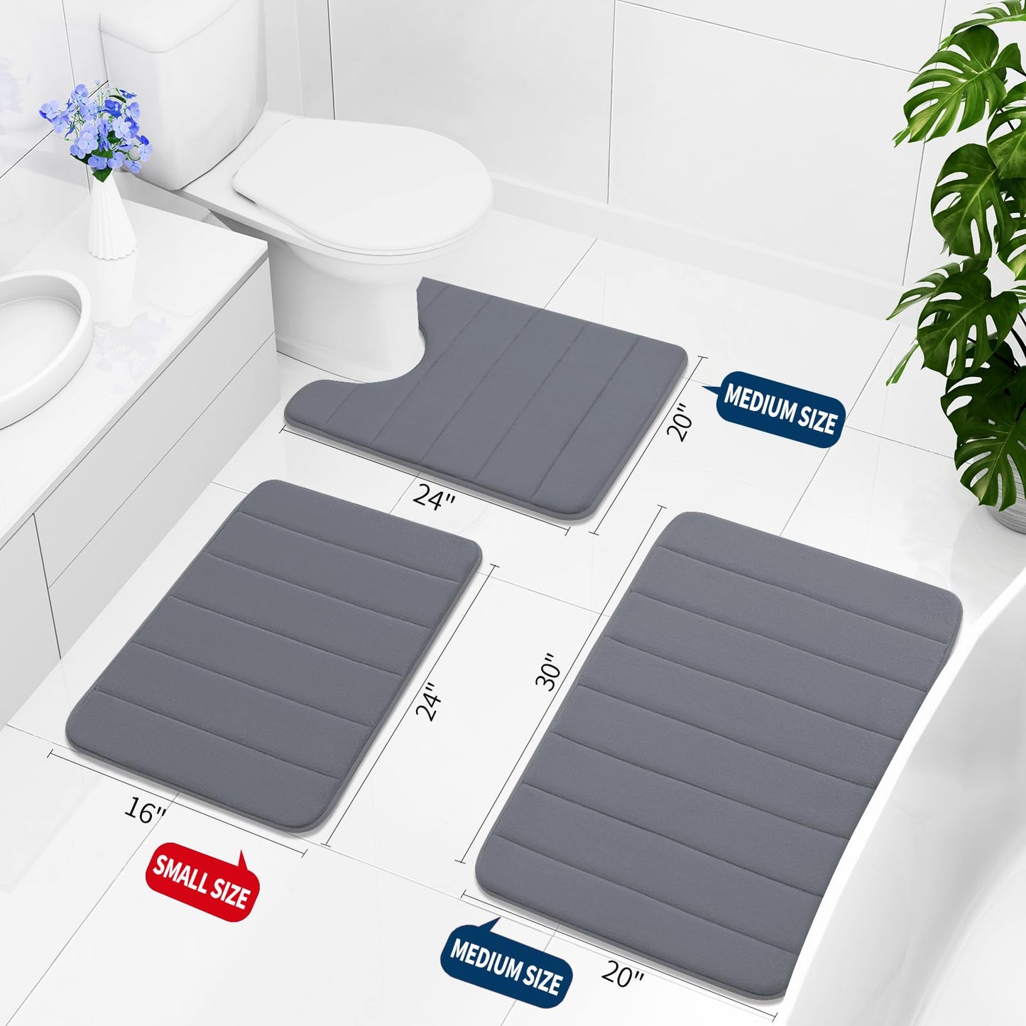 Buganda Memory Foam Bath Mat, 24" x 16", Ultra Soft and Non-Slip Bathroom Rugs, Water Absorbent and Machine Washable Bath Rug for Bathroom, Shower, and Tub, Dark Grey