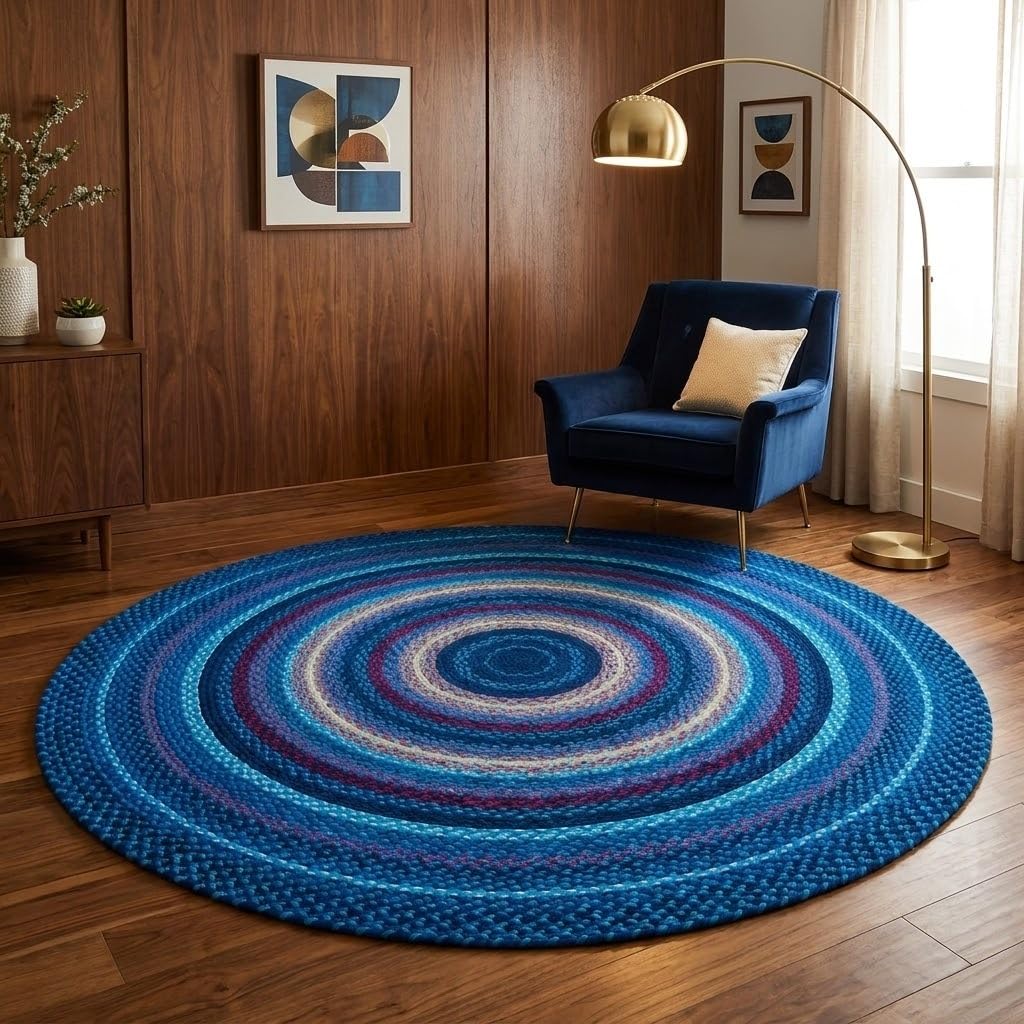 Blue Handwoven Extra Large Round Rug 9x9 Ft Braided Soft Floor Carpet for Grand Living Rooms, Couch Lounges & Open Spaces (Ready to Ship)