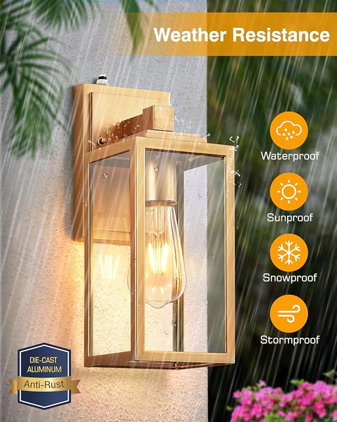 VIANIS Dusk to Dawn Outdoor Wall Lanterns, 2 Pack Golden Exterior Lighting Fixtures Wall Mount Sconces with Photocell Sensor, Waterproof Gold Porch Light Outside Garage Sconces Lamps for House Patio