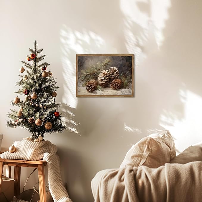 Framed Vintage Christmas Canvas Wall Art, Pine Cones Wall Decor Paintings, Winter Holiday Aesthetic Pictures Prints Rustic Home Decor for Living Room Bedroom Farmhouse 16×24 inch