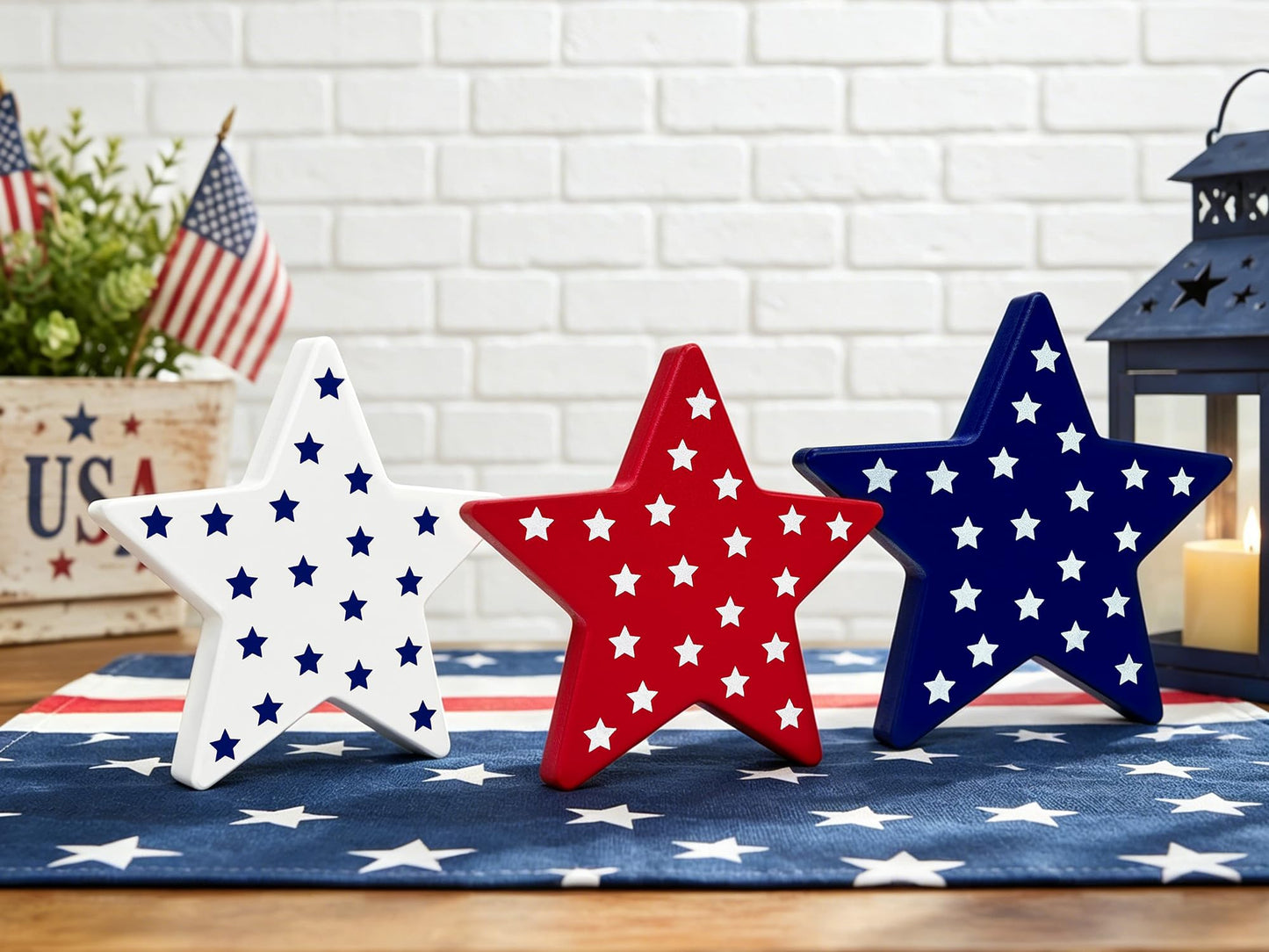 4th of July Table Decorations 3 PCS, Fourth of July Red White Blue Wooden Star Decor Centerpiece for Indoor Home, 250th Anniversary Memorial Day Patriotic Gift Sign for Mantel Office Tiered Tray Party
