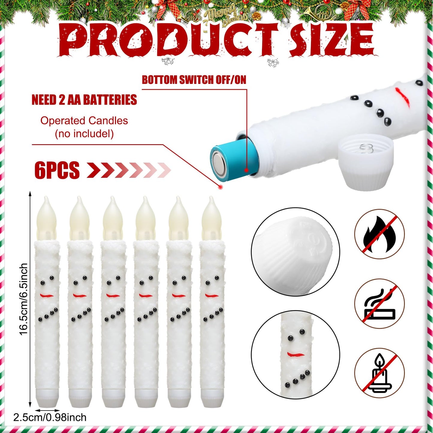 Baquler 6 Pcs Christmas Snowman Flameless Candles 6.5 Inch Short Winter Taper Candles Battery Operated LED Candlesticks for Christmas Party Table Centerpieces Xmas Winter Home Decorations