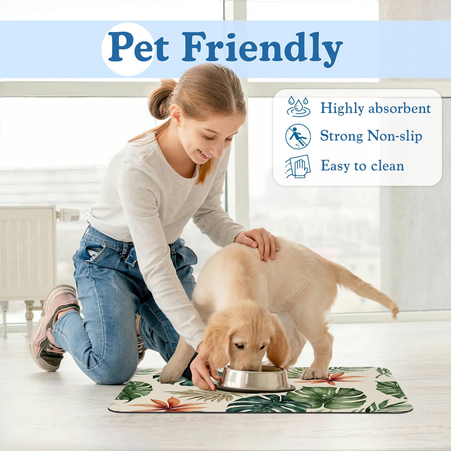 Boho Tropical Palm Pet Feeding Mat–Quick Dry Absorbent Dog Cat Food Mat, Non Slip Waterproof Bowl Placemat for Messy Eaters, Pet Accessories for Floors 12"x20"