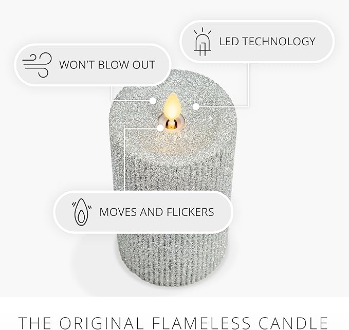 Luminara Brilliant Silver Glitter Ribbed Flameless LED Candle Moving Flame Pillar, Real Wax, Flat Top, Timer (3.25" x 6.5")