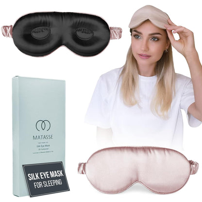 MATASSE Silk Eye Mask for Sleeping with Adjustable Elastic Band - 3D Contoured, Eye Cover Sleep Mask w/Genuine Mulberry Silk Including The Strap for Women, Men (Black)