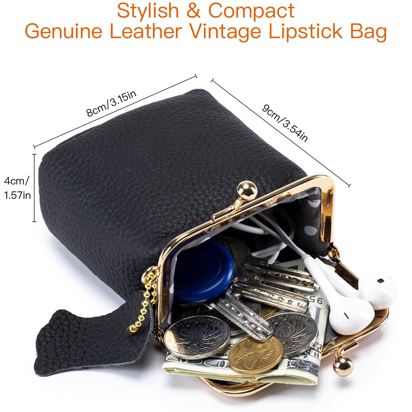 Genuine Leather Vintage Lipstick Coin Purse with Kiss-Lock Closure, mini travel jeweley box, Compact Travel Jewelry Organizer for Earrings, Rings, Keys, Coins (Black)