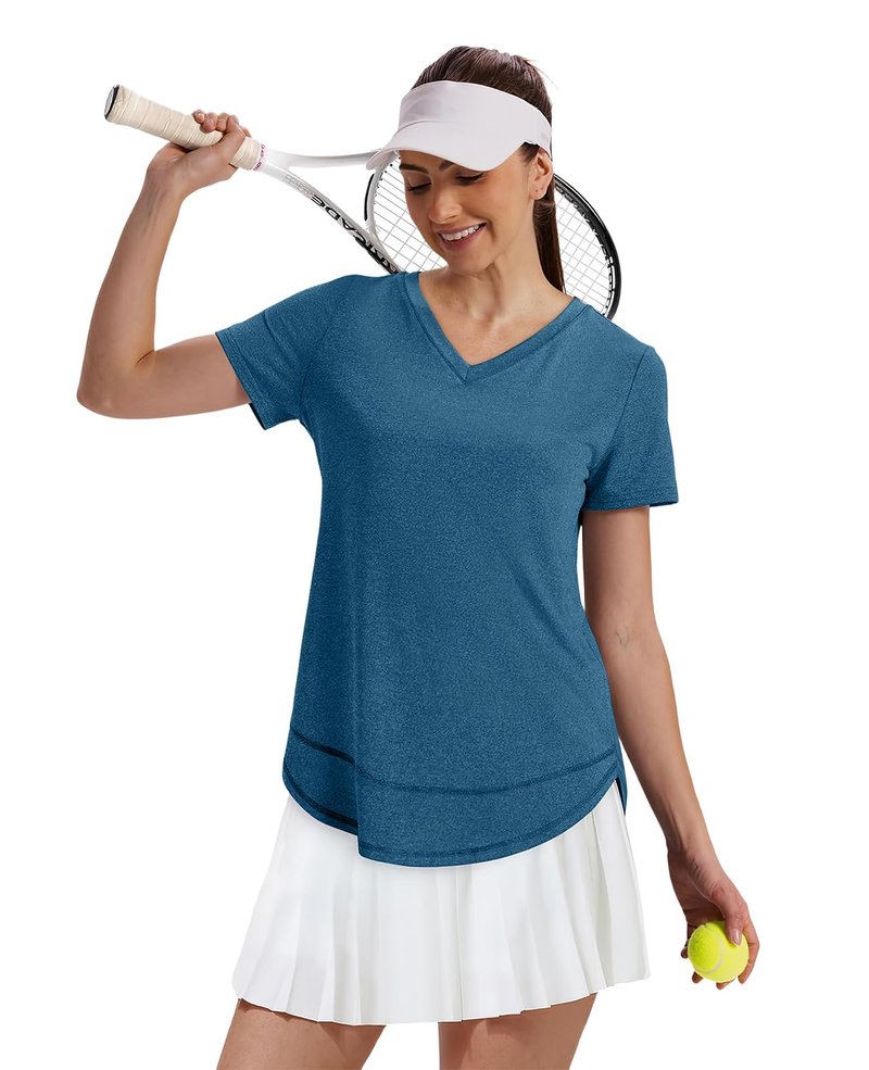 Short Sleeve Shirts for Women Workout Pilates Outfits Tennis Summer Tops 2026 Beach Vacation Clothes V Neck Blue Green M