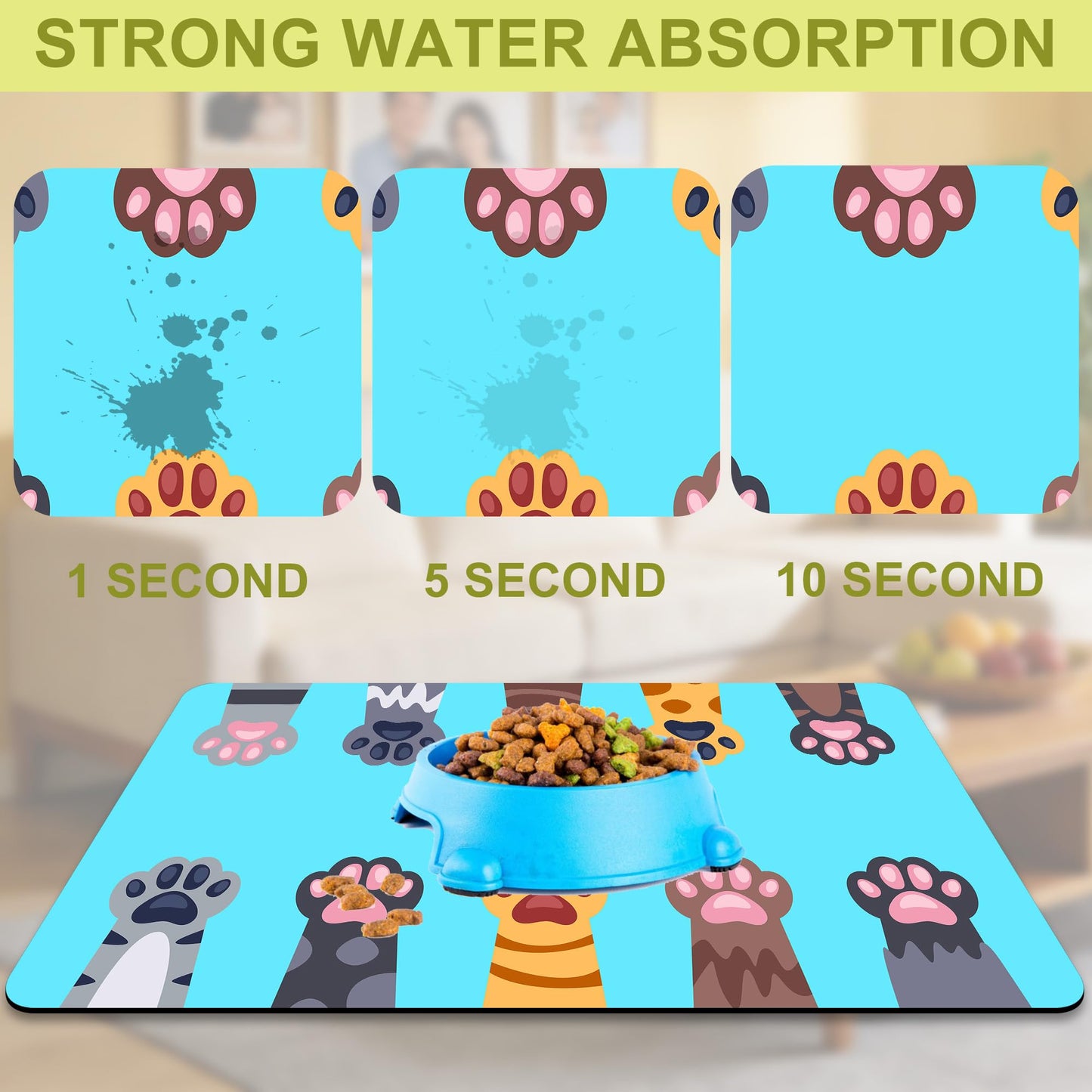 Cat Food Mat Pet Feeding Mat Paw 12" X 20" Non-Slip Super Absorbent, Dog Food Mat Pet Supplies for Floor (Light Blue)