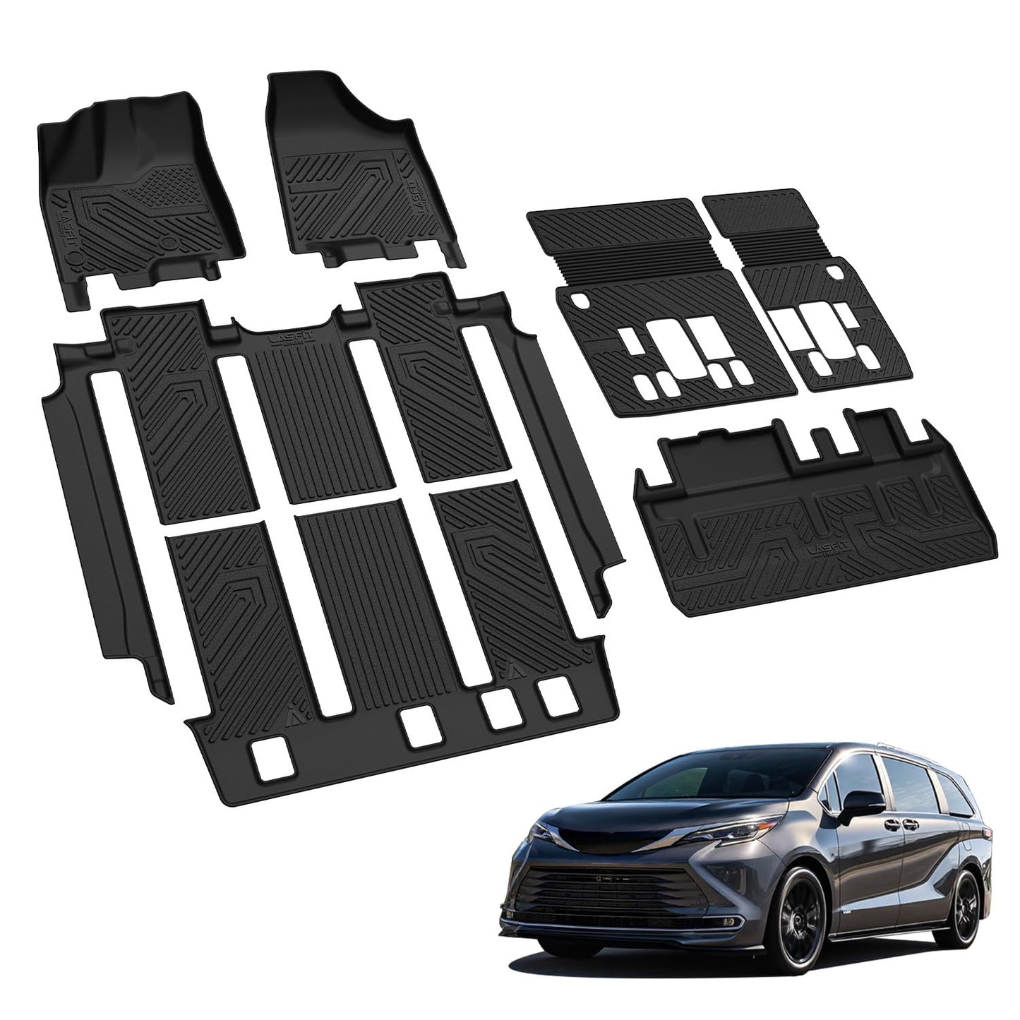 LASFIT Floor Mats & Cargo Liner for Toyota Sienna 7 Seat 2013-2020 (Not Fit Sliding Center Console) All Weather TPE Custom Fit Floor Liners & Trunk Mat for Sienna 7 Seat Full Set Mats Accessories
