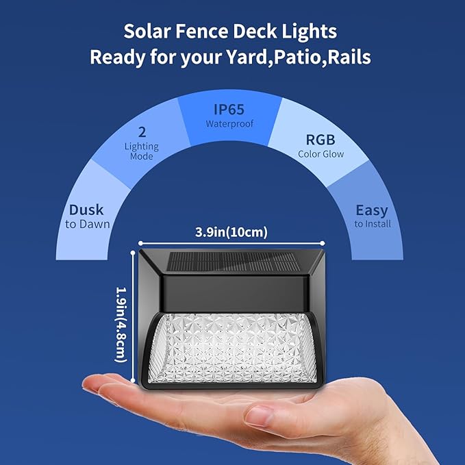 Solar Powered Fence Deck Lights Outdoor Waterproof Led IP65 RGB Color Changing/Warm White Auto On/Off Solar Step Lights for Outside Stair Garden Yard Wall Patio (6 Pack, Black)