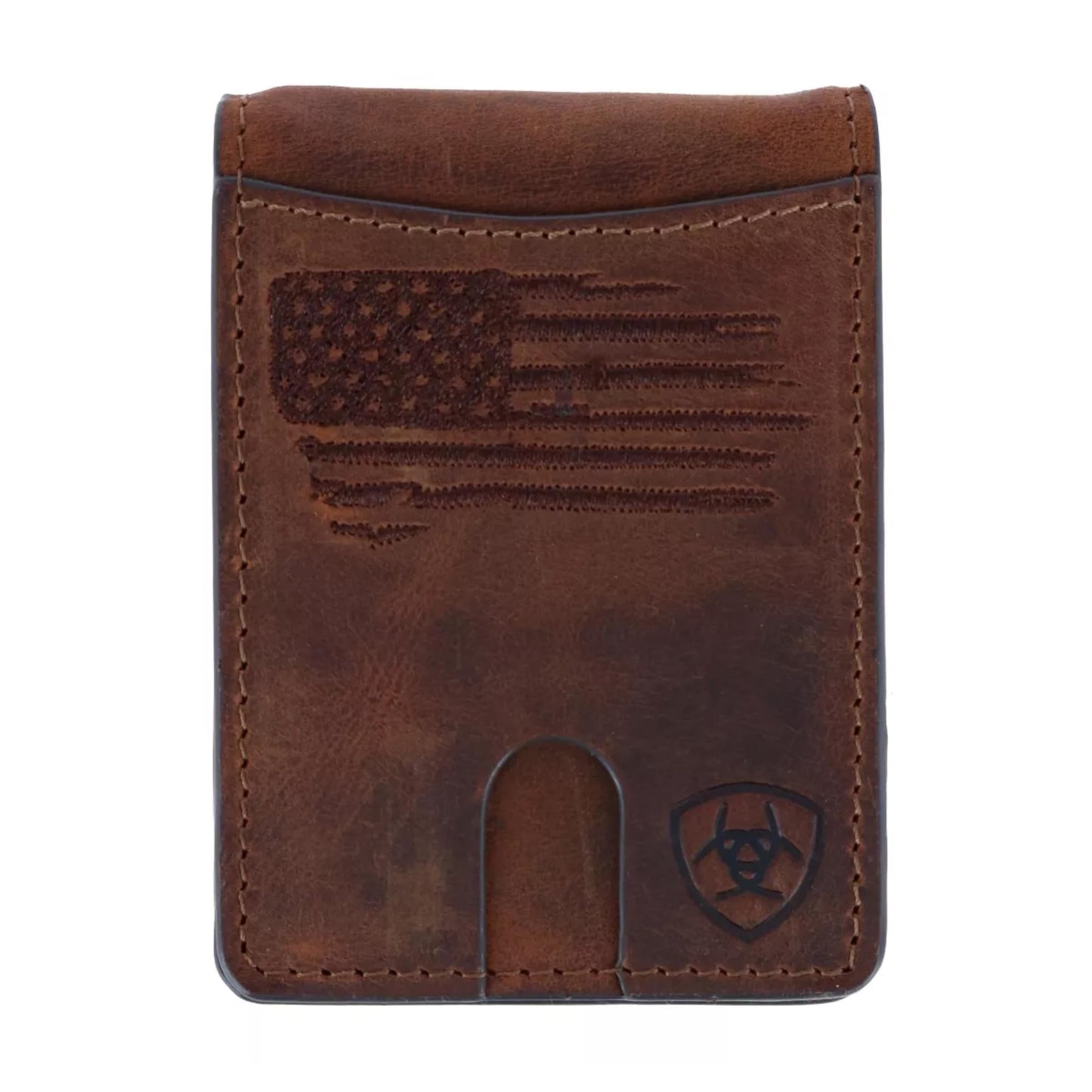 ARIAT Men's Wallet, Brown Genuine Leather, Money Clip Style, Distressed USA Flag, Shield Logo, Card Slots, ID Window
