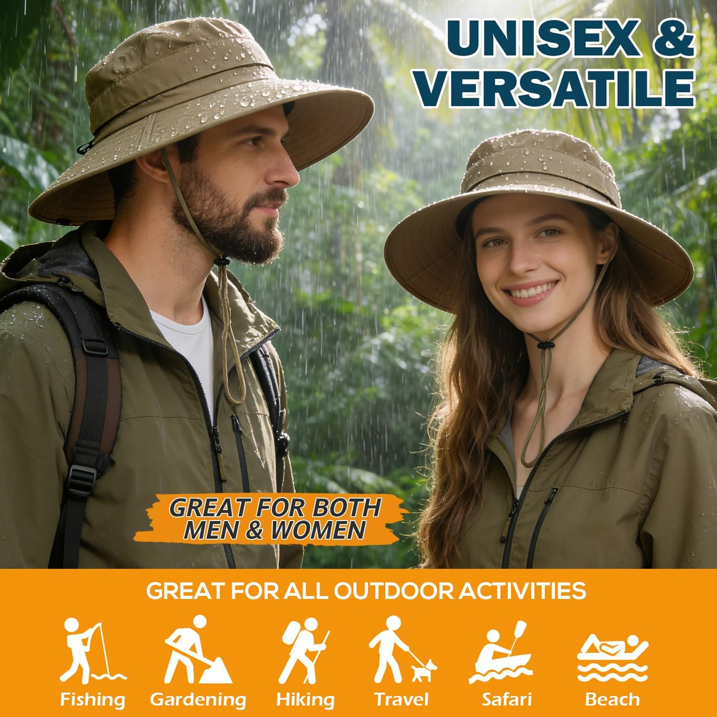 Men's UPF 50+ Waterproof Wide Brim Boonie Hat, Sun & Rain Protection Camel