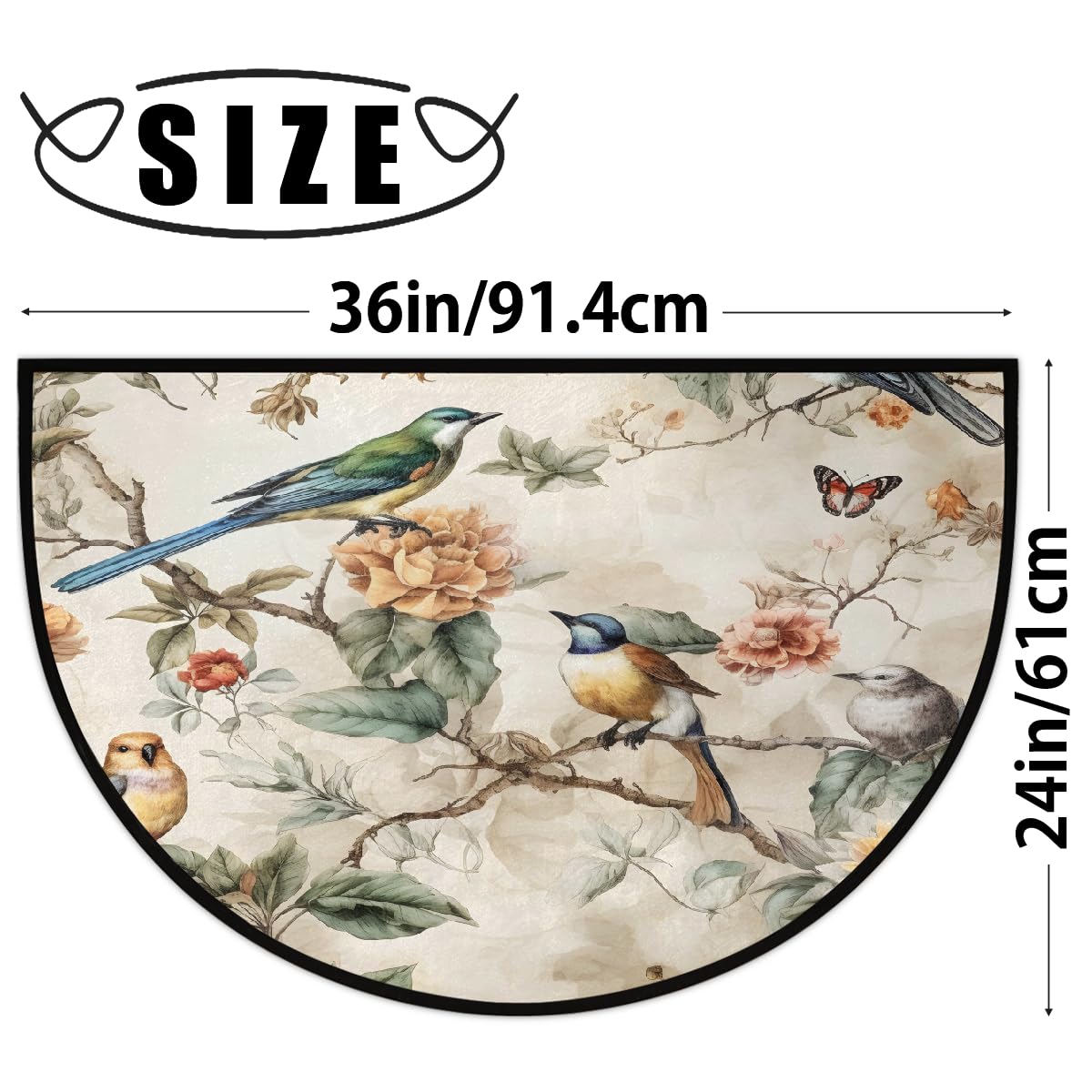 Myfsucce Retro Bird Flower Half Round Rug Door Mat Non Slip Entryway Rug 24" x 36", Welcome Mat for Indoor Front Door Semi Circle Floor Mats for Home Kitchen