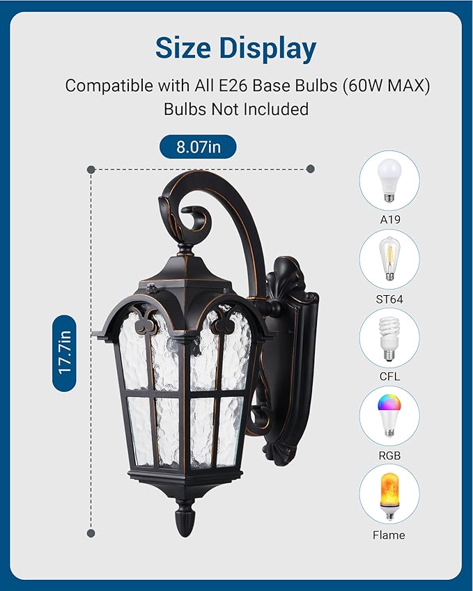 DEWENWILS Dusk to Dawn Outdoor Wall Light, Waterproof Exterior Light Fixture, Black Roman 17.7" H Wall Mount Sconce Porch Lights, Outside Wall Lantern for House, Garage, Patio, E26 Socket