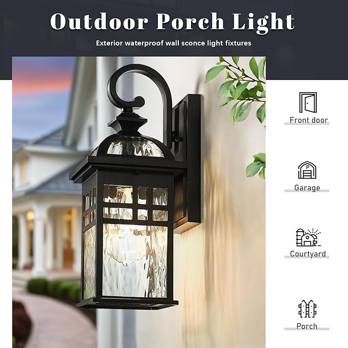 Outdoor Wall Lights Waterproof Exterior Lighting Fixture 15 Inch Height Black Porch Light Outdoor with Water Ripple Glass E26 Socket
